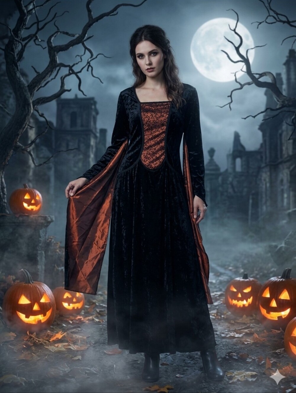 Women's Halloween Velvet Gothic Vampire Dress with  Satin Lining - New